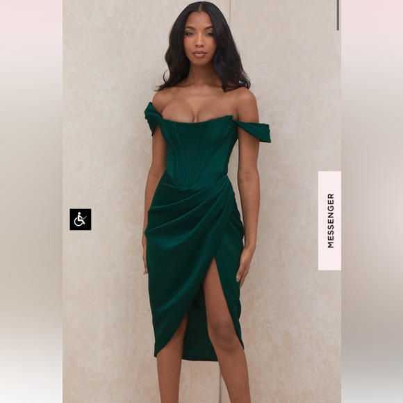 NWT House of Cb LORETTA
EMERALD GREEN SATIN OFF SHOULDER DRESS - Picture 3 of 11